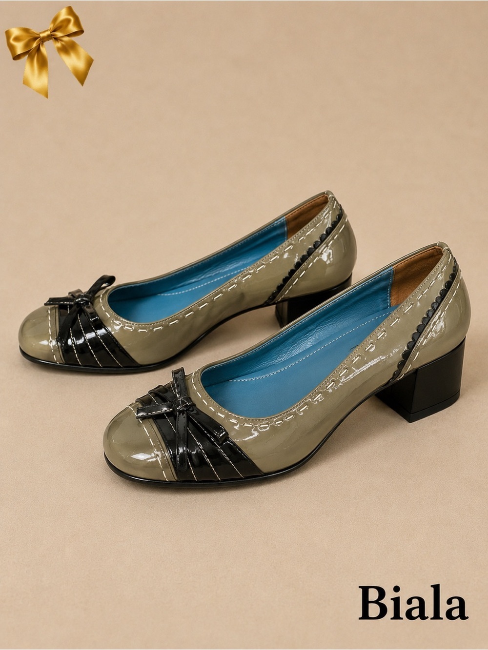 Biala Olive Green Patent Leather Pumps 1” Decorative Overstitching Italian 7.5